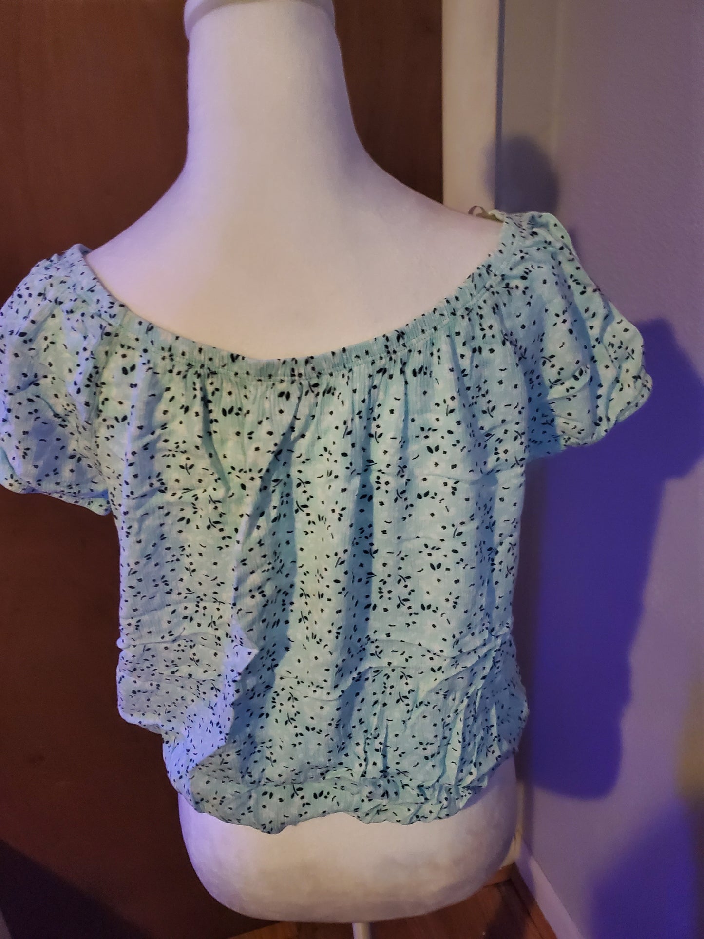 Pale green w/flowers cropped Blouse 17B