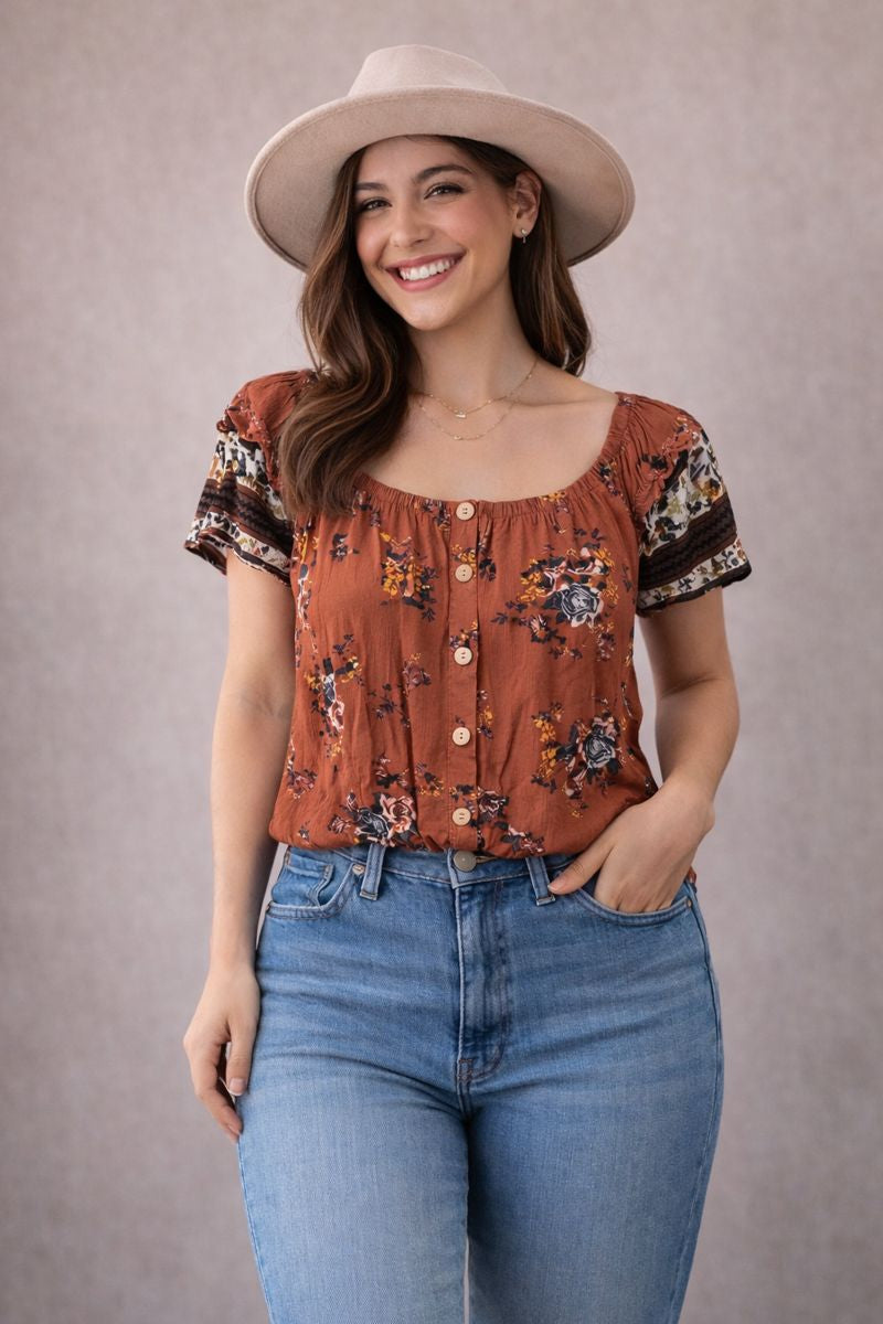 Rust Flowered Cropped Blouse 16B