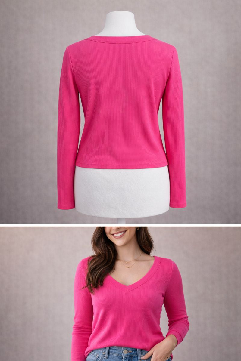 Pink Ribbed V-Neck Shirt 42A