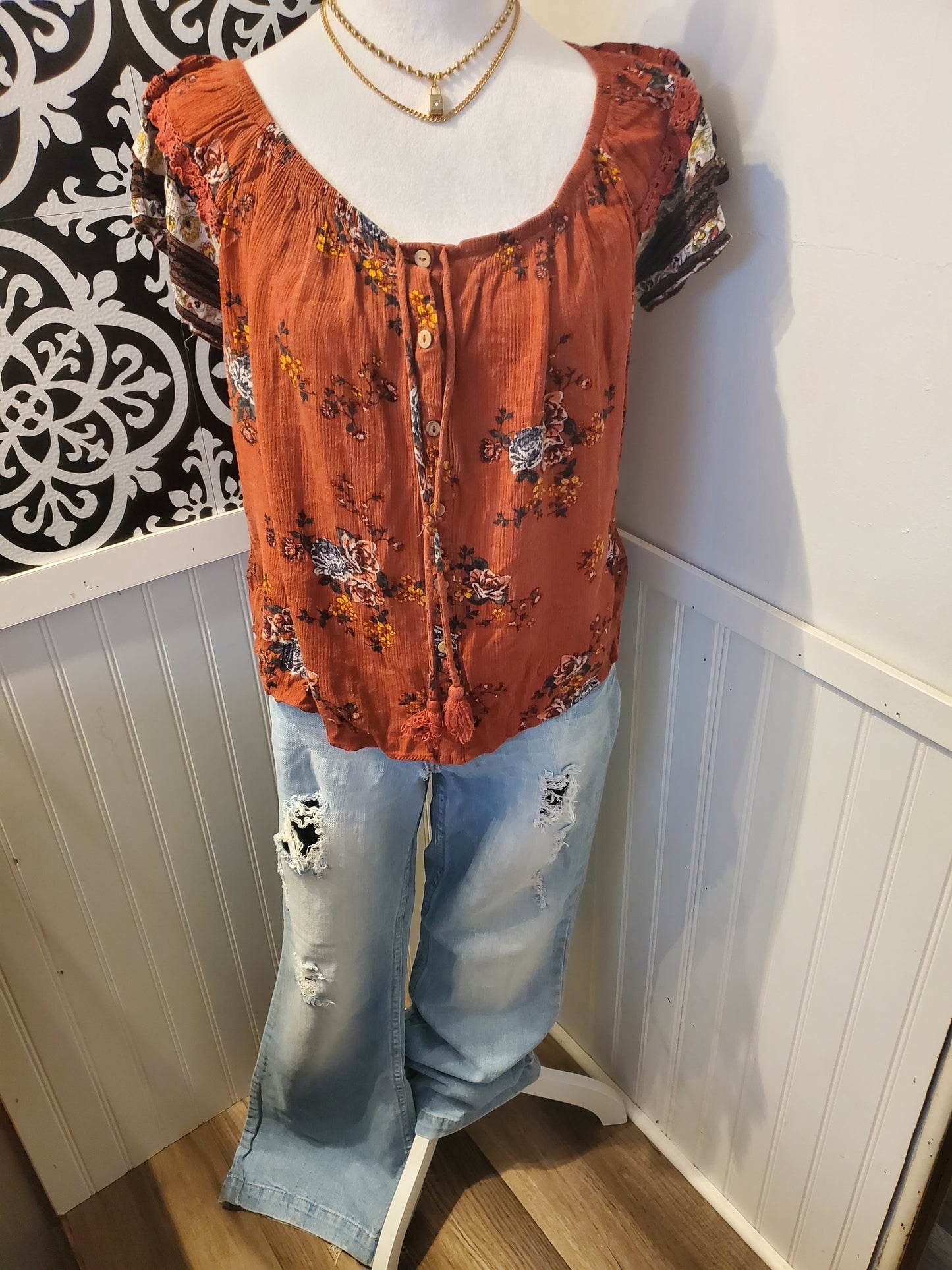 Rust Flowered Cropped Blouse 16B