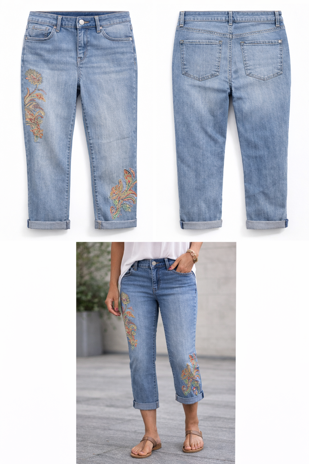 Nine West Capri Jeans Size 10 - Peacock Design Faded Denim 2E