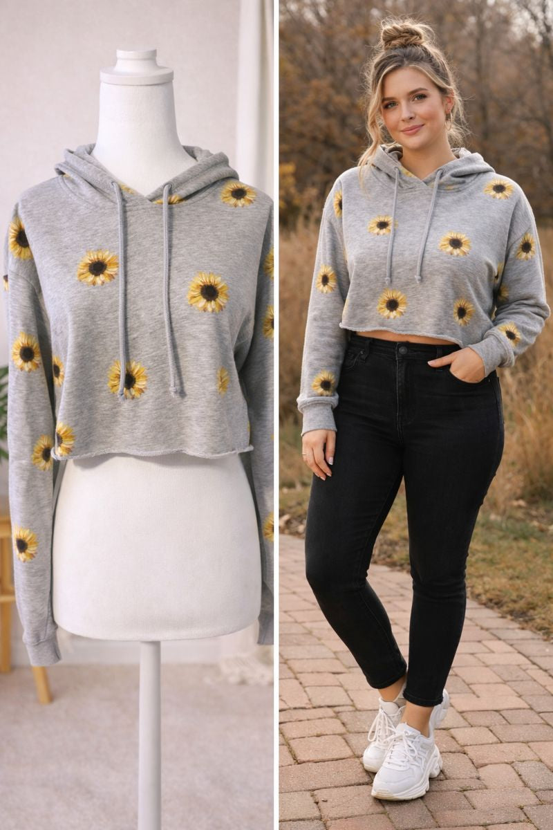 Gray Cropped Daisy Hooded Sweatshirt 18F
