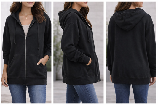 Black Oversized Hooded Zip-Up Sweatshirt